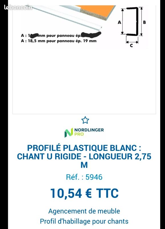 Profilé plastique blanc en U longueur 2.75m (image 1)