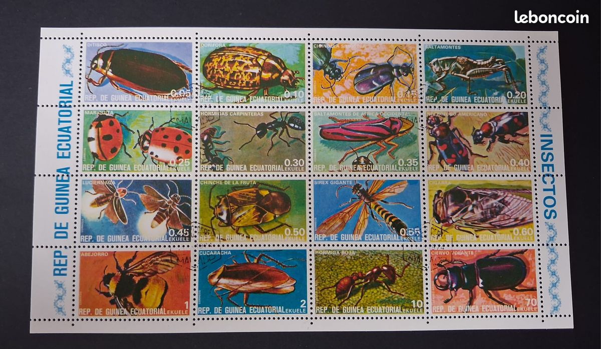 Timbres Guinée Équatoriale 1974 - Feuille de 16 Timbres n°53/68 Yvert - Thématique Faune Insectes - Neuf (image 1)