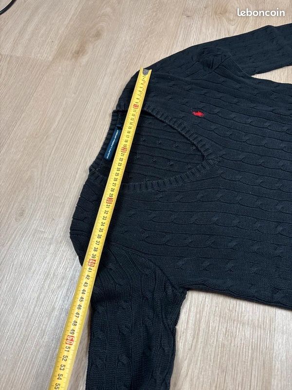 Pull Col Rond en Maille Torsadé Ralph Lauren Noir en Coton Logo Brodé Rouge Taille M Femme (image 9)