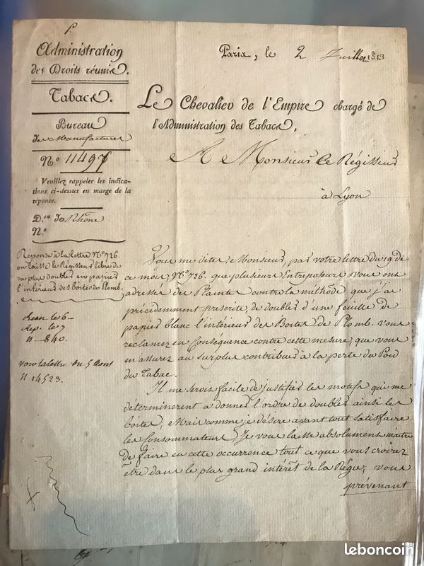 50 lettres administration des tabacs - manufacture tabac de Lyon 1813 à 1838 (image 1)
