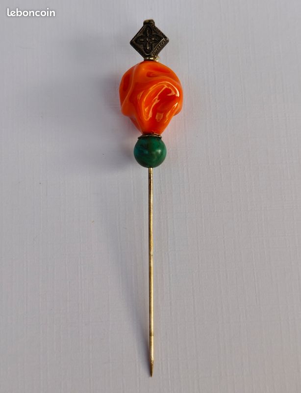 Épingle à Chapeau Cuivrée Avec Pierre Jaune/orange - Occasion, Style Vintage, Usure Du Temps