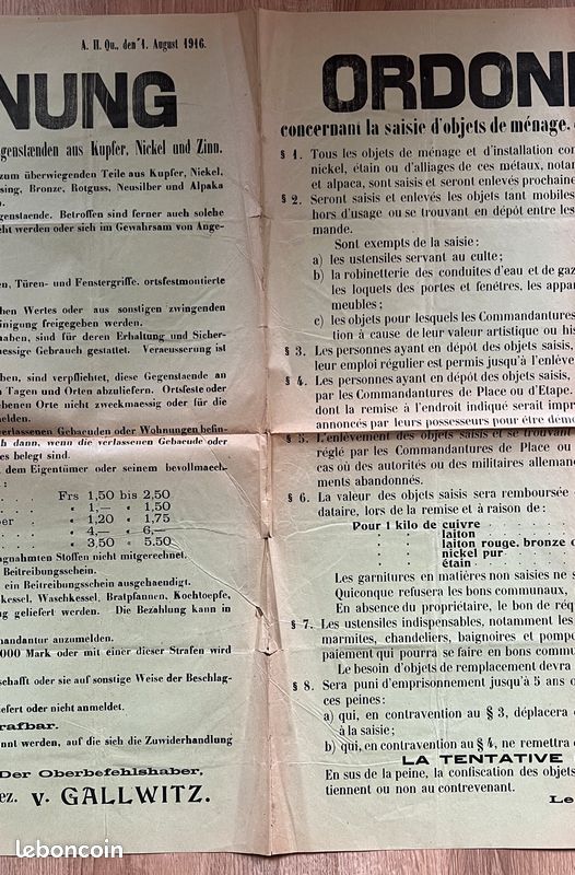 Affiche Originale Allemande WWI 1918 - Réquisition Des Métaux, Rare Document Historique