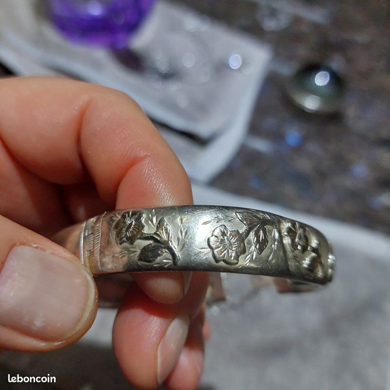 BRACELET JONC ANCIEN Argent Massif Modèle Décor Feuillage Ciselé . EUR