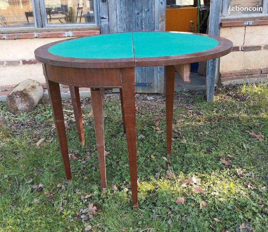 Ancienne table de jeux pliante en bois ronde demie lune (image 7)