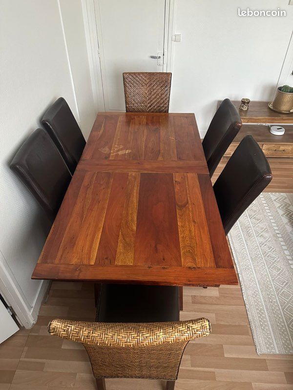 Table bois exotique extensible + 6 chaises (image 1)