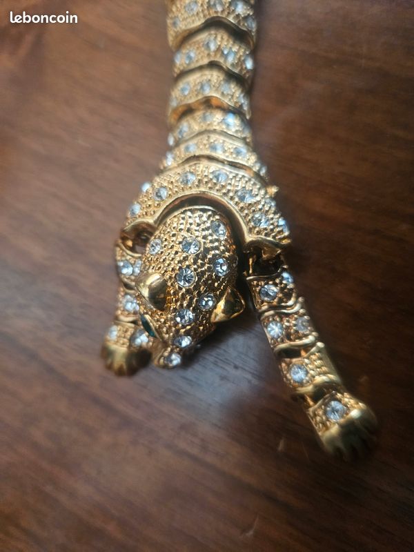 Broche Panthère Dorée Strass Blanc Pierre Rouge - Bijou Fantaisie Animal, Neuf Sans Emballage