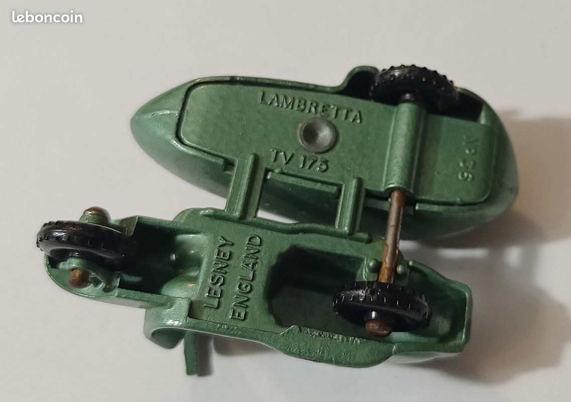 Perfect little Lambretta three wheel, light green scooter and sidecar by Lesney England No 36 TV 175 collectable Matchbox