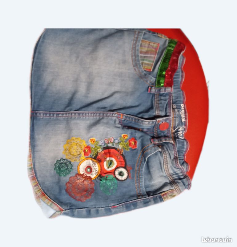 Jupe Courte En Jean Fantaisie Desigual - Taille 9/10 Ans - Bleu Foncé Et Fuchsia - Neuf Sans étiquette
