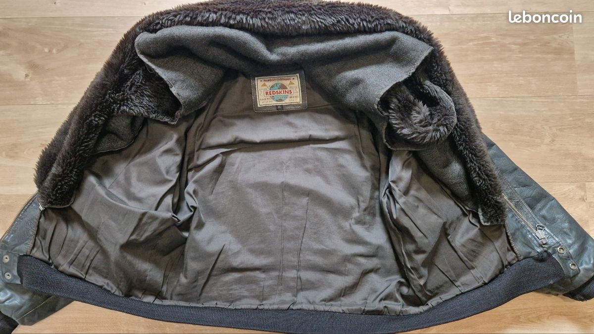 Blouson aviateur cuir noir avec doublures fourrées vintage Redskins - XL (image 4)