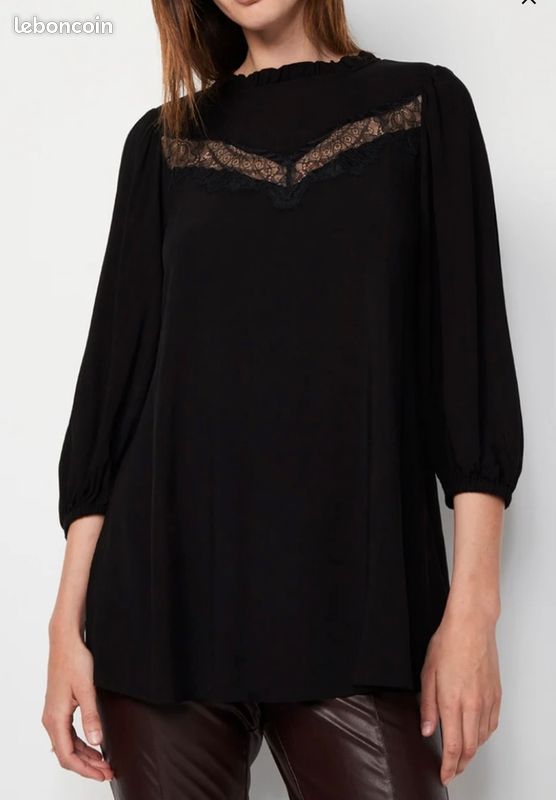 Chemise Tunique Dentelle Noire Chemisier Femme Taille Xs/S