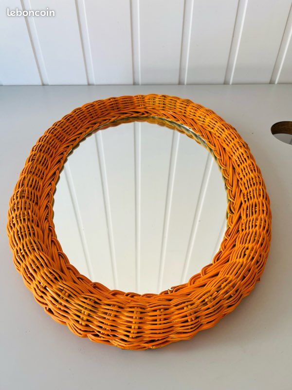Miroir Ovale en Osier Tressé Orange Vintage Années 70 (image 10)