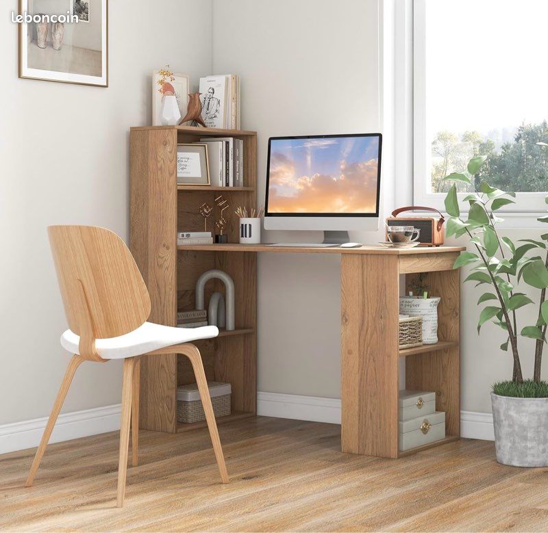 Tout neuf Bureau d'Ordinateur Réversible avec Bibliothèque, Poste de Travail Moderne avec Étagères de Rangement à 6 Niveaux, Assemblage Facile, pour Maison, Bureaux (Naturel) (image 5)