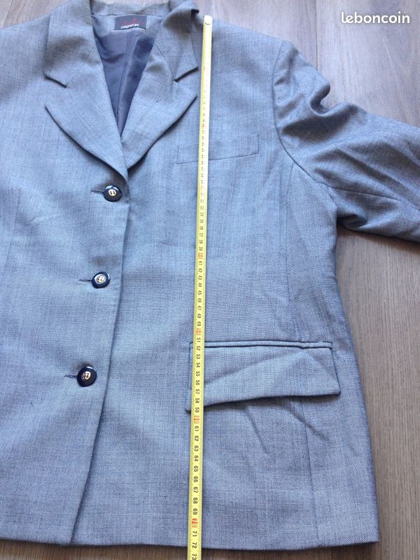 Veste de costume / Blazer vintage femme Marcelle Griffon – Laine peignée – Gris chiné (Taille 50 / Grande Taille) (image 10)