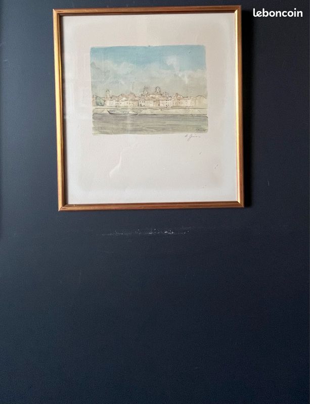 Lithographie signée encadrée. Représentation d’un quai et de sa ville en arrière plan (image 5)