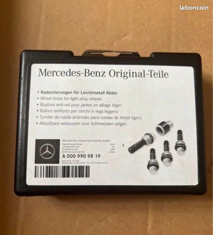 Coffret écrous boulons goujons de sécurité antivol de roue jante Mercedes A0009909719 A0009909819 et AMG GLE GLS SUV coupé W167 V167 C167 2018 2019 2020 2021 2022 2023 2024 2025 neuf original (image 1)