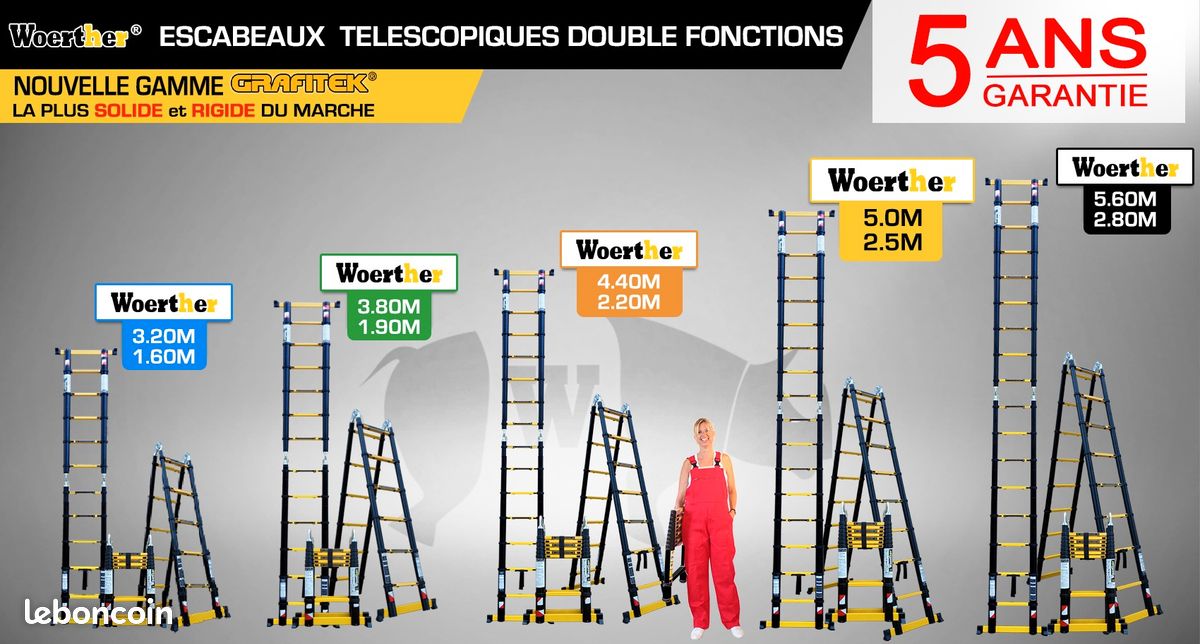 Escabeau pliant 2,10 m Woerther – N°1 en France, ultra compact et stable. Double pliage accordéon innovant, rangement facile, sécurité optimale et confort d'utilisation pour tous vos travaux (image 4)