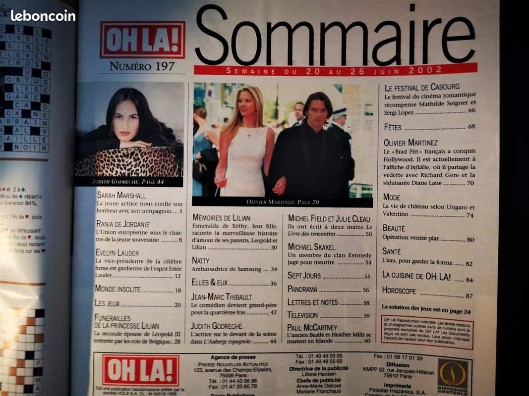 Oh la N°197 26/6/2002 Judith Godrèche - Olivier Martinez - Sarah Marshall et Alexandre Anthony - Paul McCartney .. (image 2)