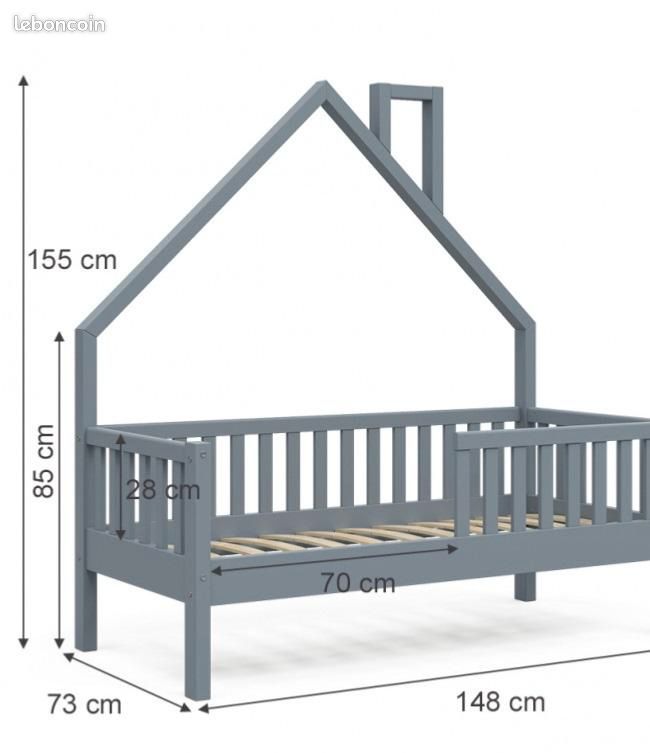 Lit montessori lit enfant 70x140 cm gris lit cabane lit maison en pin massif avec sommier à lattes (image 4)