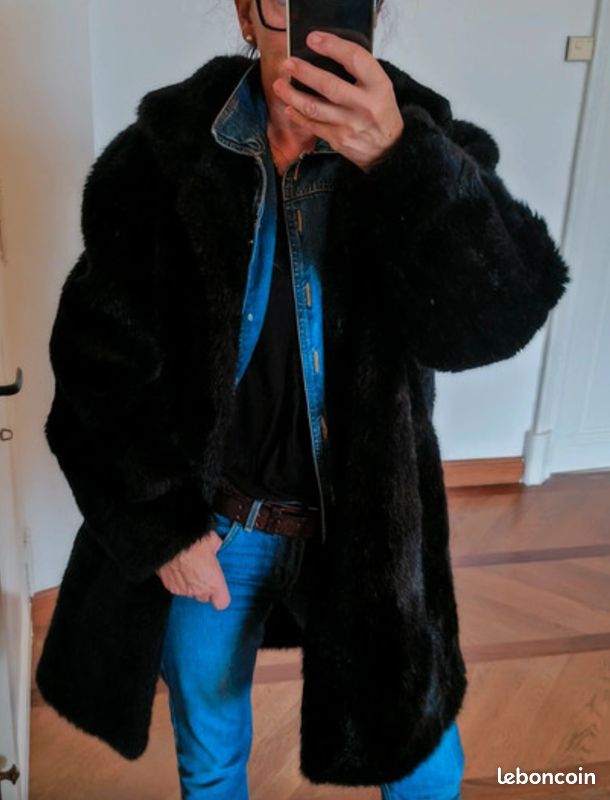 Veste longue manteau noir fausse fourrure vintage T L Vêtements