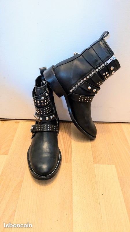 Bottines Boots Cuir Noir à Clous Argent – Pointure 37, Talon Moyen, Marque Promod, Occasion TBE