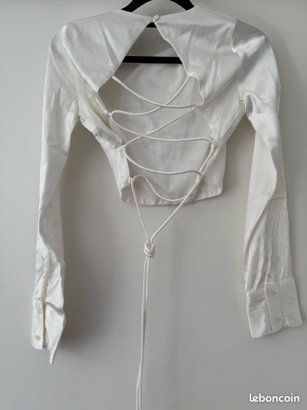 🤍 Zara Top Crop Dos Lacé XS Écru Manches Longues Chic Y2K Femme (image 1)
