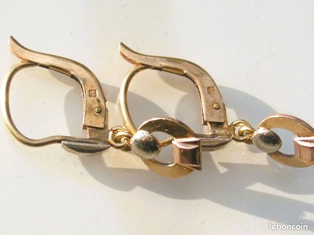 Boucles D'oreilles Anciennes Années 1930/40 Plaqué Or Laminé - 3 Couleurs, Fermoir Dormeuse, Bon état