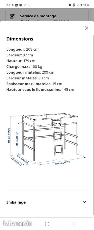 Lit mezzanine ikea avec matelas pratiquement neuf (image 1)