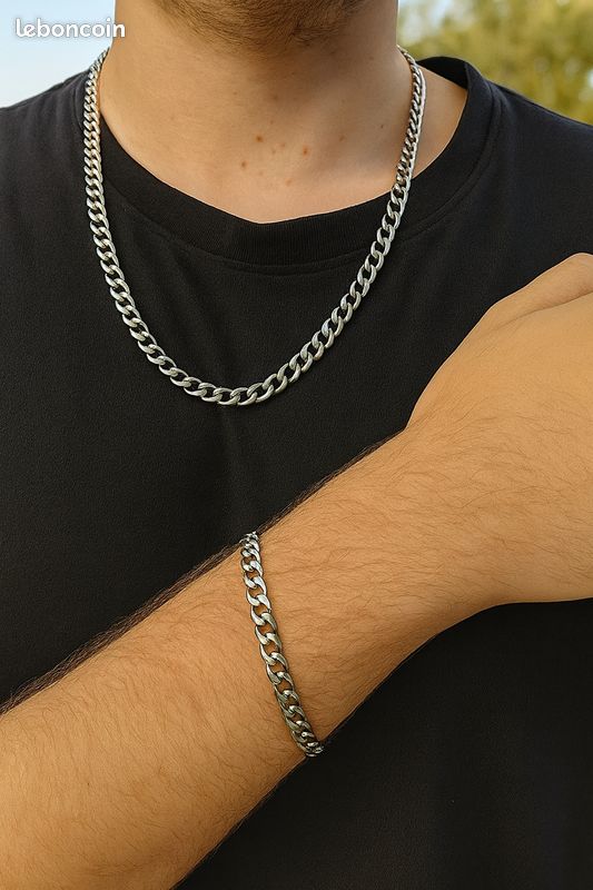 Ensemble collier bracelet homme Chaîne cubaine mm en acier