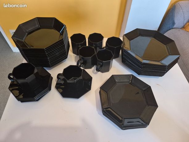 Lot Arcoroc France - 1 Saladier + 2 Assiettes Creuses - Noir Octogonal - Verre Pyrex