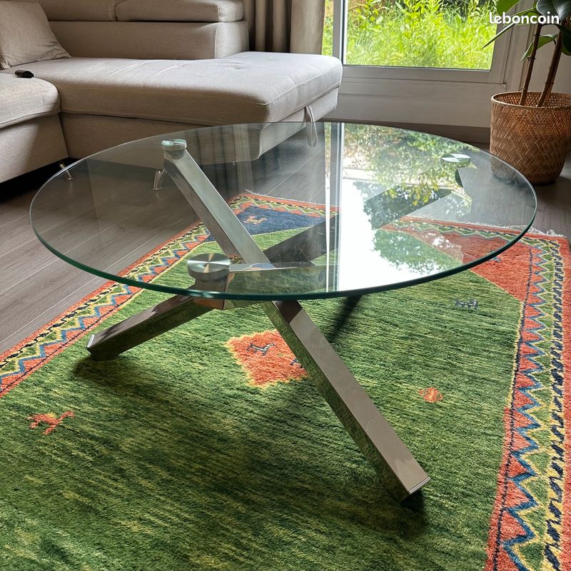 Table basse Maison du Monde design ronde verre transparent Ø 90 cm et métal chromé + Tapis OFFERT (image 1)