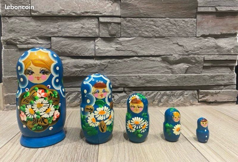 Poupées Russes Matriochka Bleues Faites Main –独一无二, Artiste Orlova – 5 Pièces