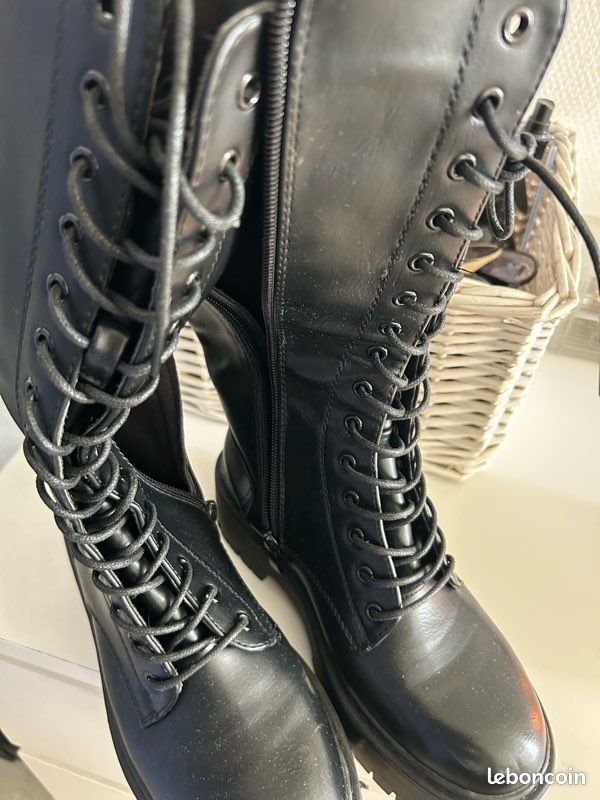 Bottes Unisexe à Lacets Modèle 908-2 - Cuir écologique - Talon Bloc - Neuf Avec Emballage