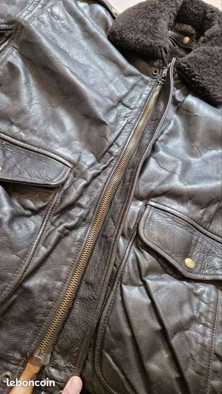 Blouson aviateur cuir noir avec doublures fourrées vintage Redskins - XL (image 2)