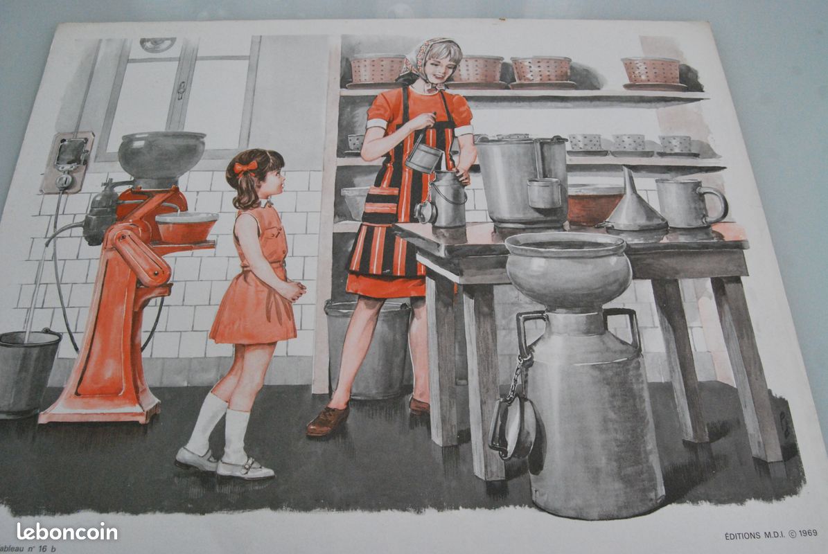 Ancienne affiche scolaire double face mère et fille préparant une tarte et une petite fille chez la crémière Ed MDI 1969 (image 10)