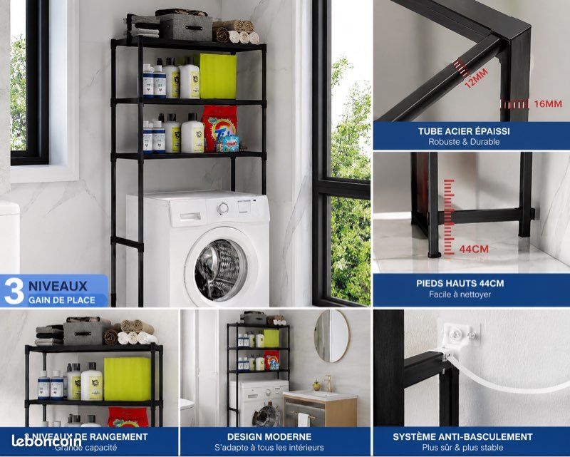 Étagère Pour Machine à Laver 3 Niveaux - Rangement Salle De Bain Espace Gain MAGIC SELECT Bois E1 Et Acier