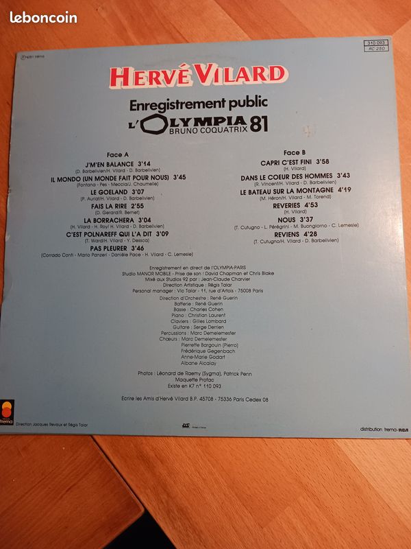 Disque Vinyle 33 tours - Hervé Vilard - Reviens - Olympia 1981 (image 2)