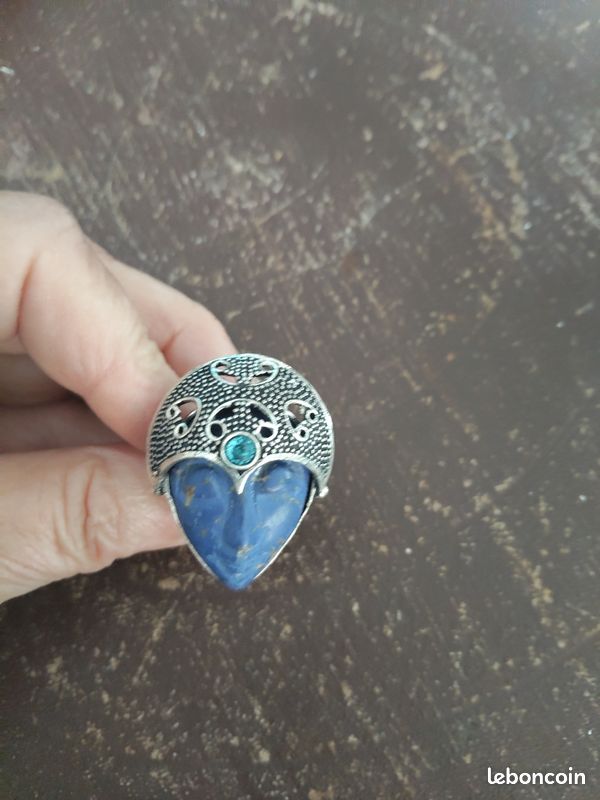 Bague visage lapis lazuli casque surmonté pierre topaze bleue sur argent 925 taille 57 (image 3)