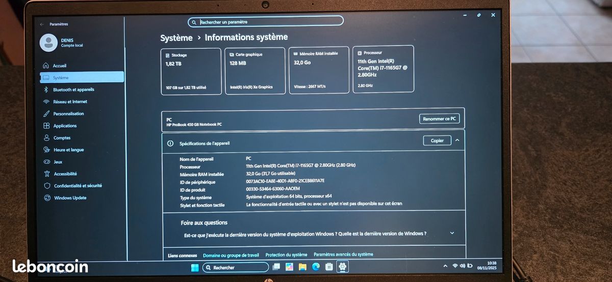 HP ProBook 450 G8 • i7 11ᵉ gen • 32 Go RAM • 2 To SSD • Windows 11 Pro (image 4)