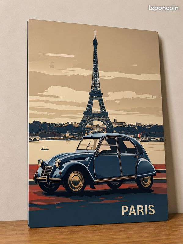 Plaque Métal Décorative A4 2CV Paris Vintage - Tour Eiffel - Décoration Murale Automobile Française (image 1)
