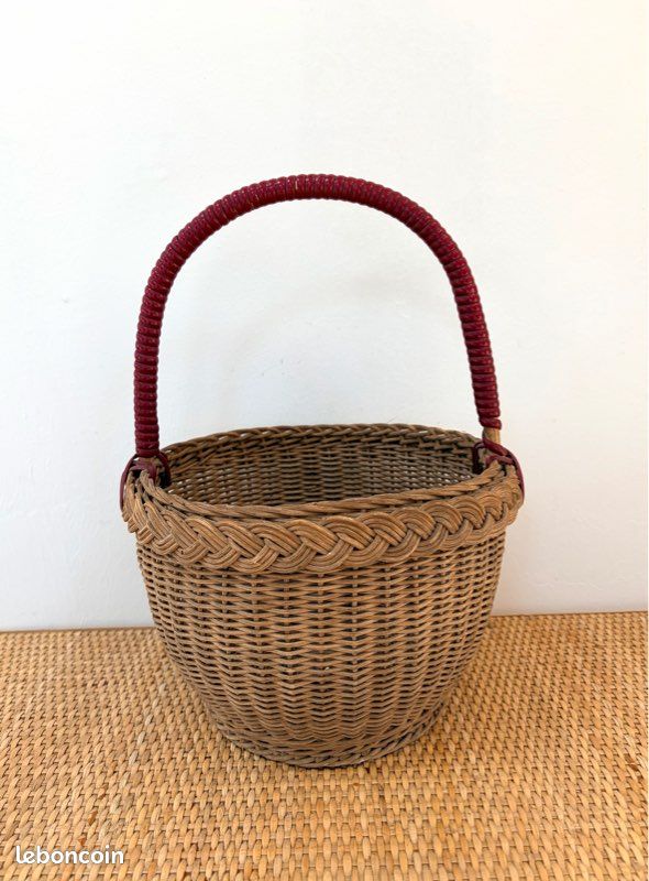 Grand Panier Vintage En Osier Tressé Rotin Et Fils Scoubidou - Années 1960