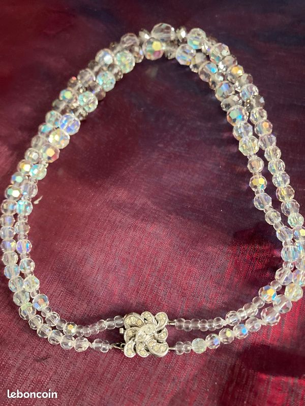 Collier Ancien 2 Rangs Perles De Verre Irisé - Monture Argent - Style Art Déco