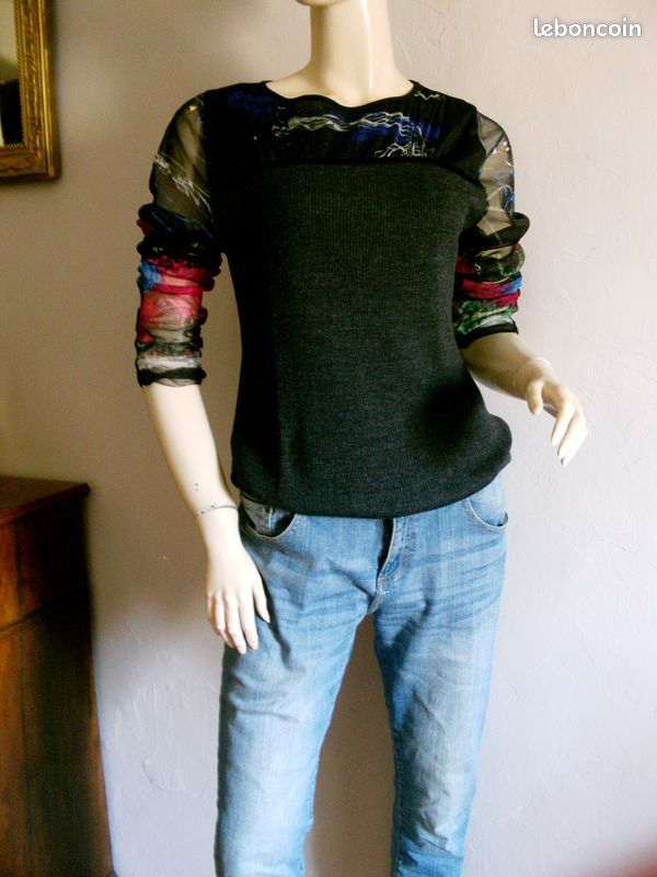 Pull CARLOPIK bi matière - Jersey anthracite (laine mélangée) + tissu imprimé transparent multicolore - T 40 / 42 - EXCELLENT ETAT (image 3)