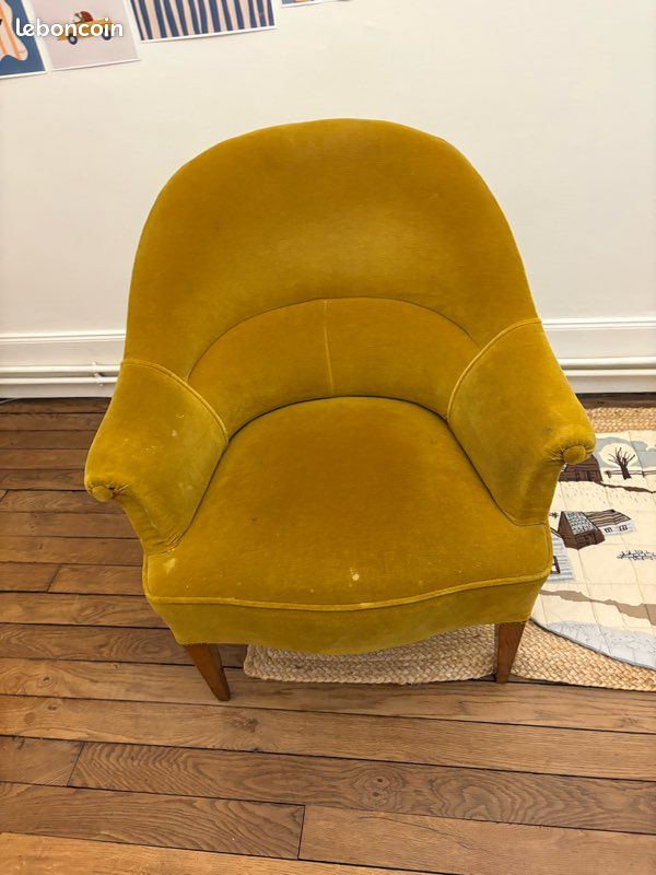 Fauteuil vintage velours jaune moutarde – style années 50/60 (image 4)
