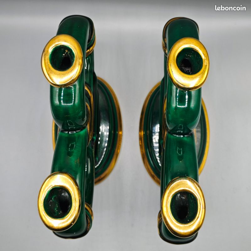 Paire De Bougeoirs Point A La Ligne, Vert Et Ocre - Made In France, Design Points