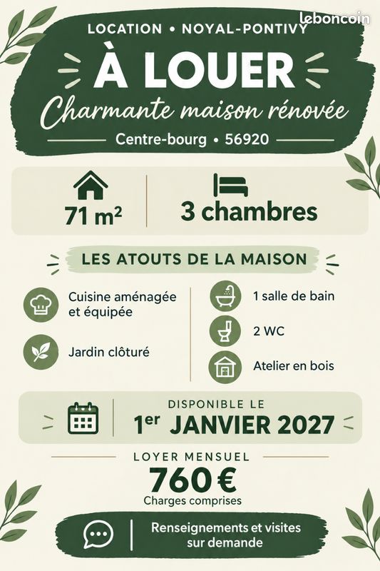 Maison 4 pièces 71 m² · à Noyal-Pontivy · 71 m² · 760 €/mois