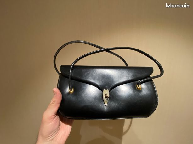 GRAND SAC À main ancien années 50 cuir noir intérieur rouge 13x30x24 cm