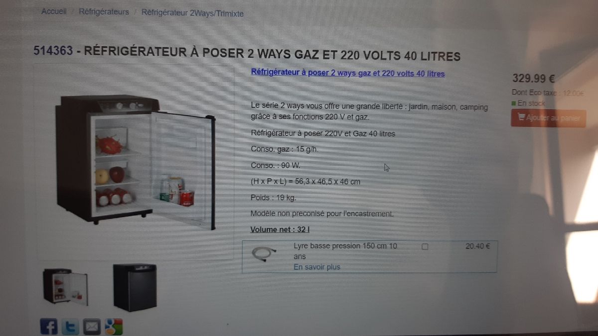 Réfrigérateur à poser 2 ways gaz et 220 volts 40 litres