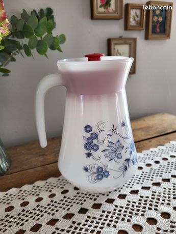 Pichet Vintage Arcopal Années 70 - Motif Floral Aster Bleu, Verre, Avec Bouchon