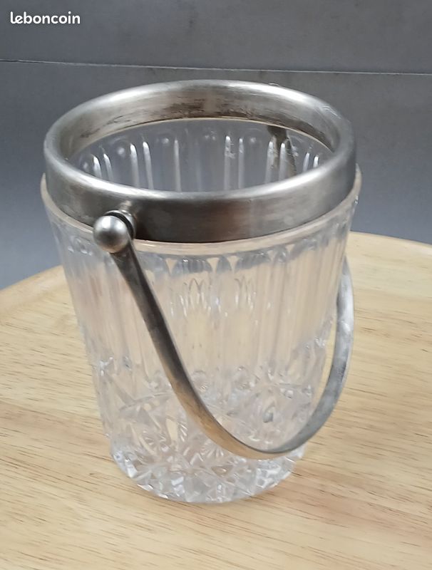 Seau à Glace Vintage Années 50/60 – Verre Et Métal Argenté – Avec Poignée