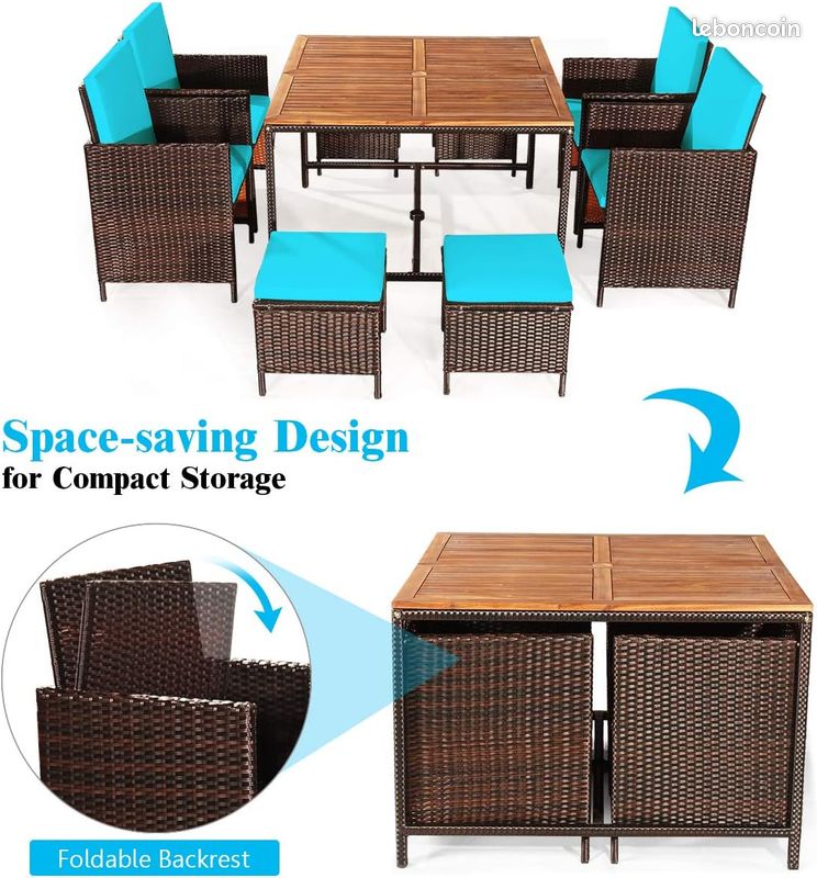 Salon de Jardin Encastrable Rotin Marron -Table Plateau Bois Acacia - Fauteuils - Tabourets - Coussins Turquoise Déhoussables (image 5)